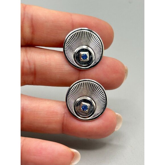 Vintage Silver Tone Cufflinks with Blue Stone Center Round Shaped - Picture 2 of 5